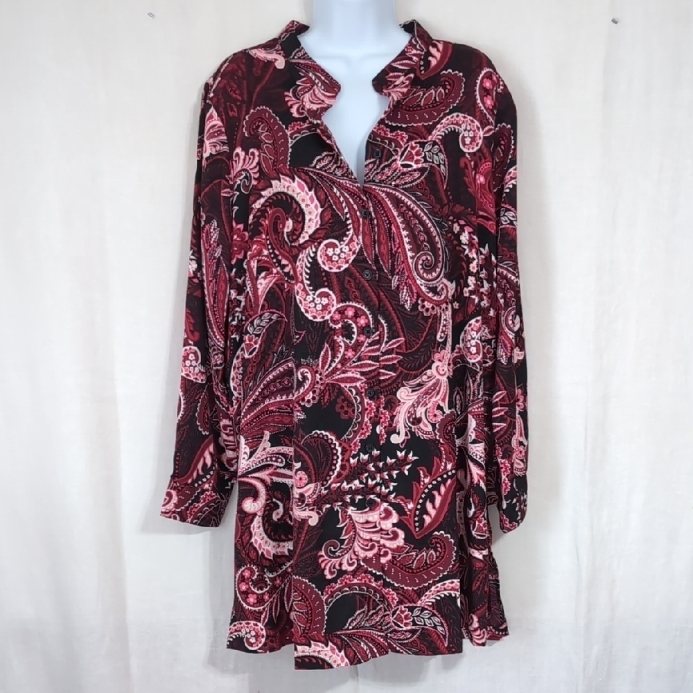 Jessica London Red Black Paisley Collarless Button Front Tunic Size 16W